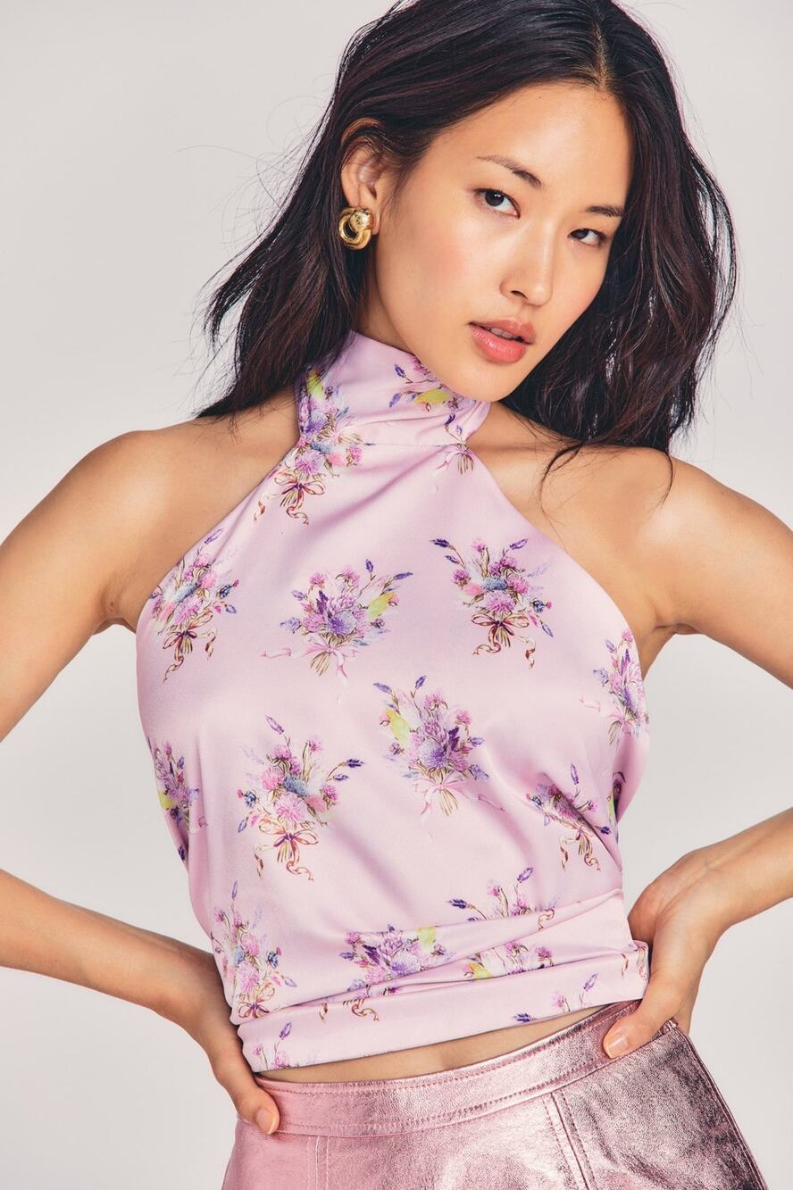 Loveshackfancy BOCA HANDKERCHIEF TOP pink floral satin silk